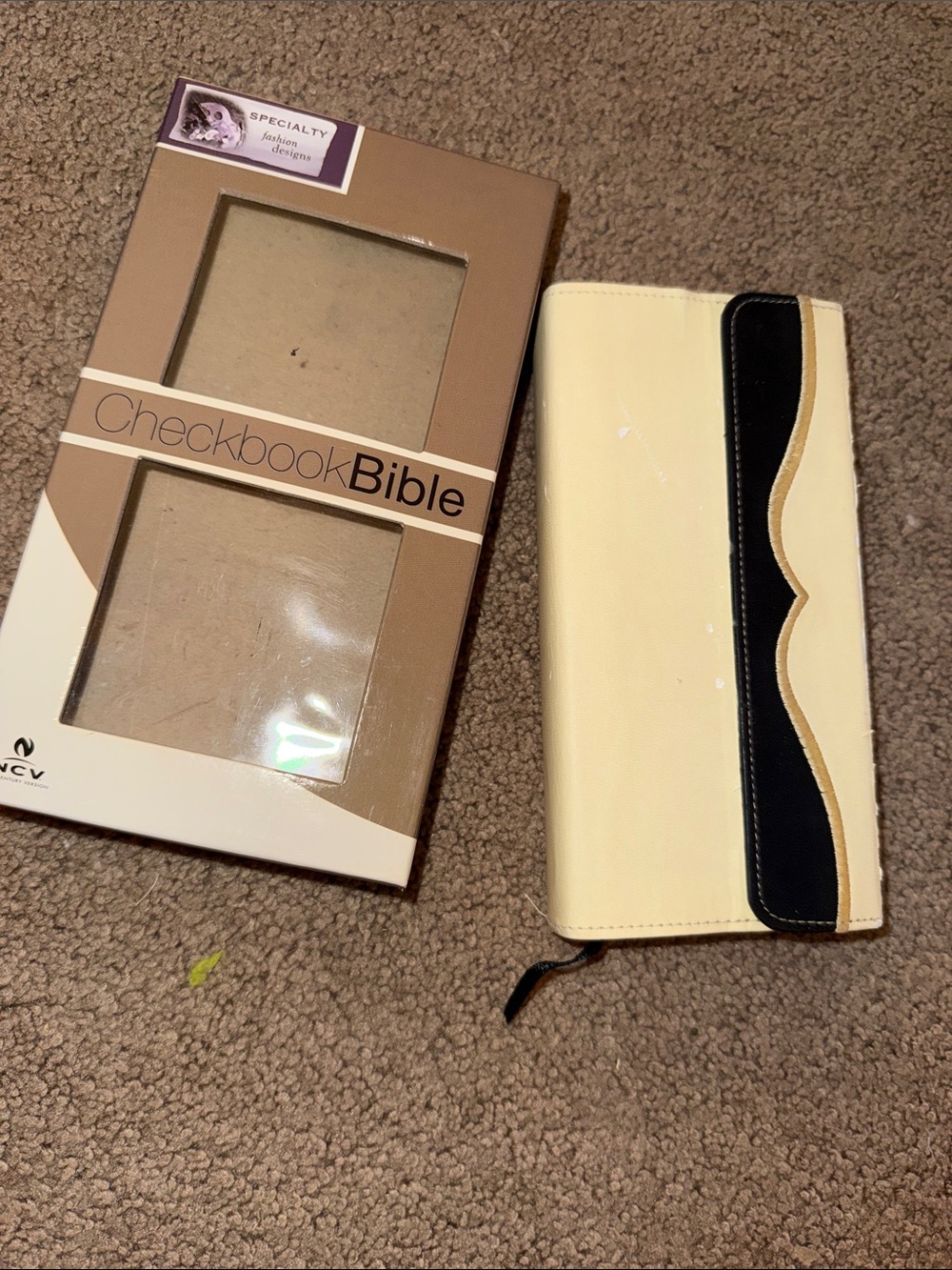 Checkbook Bible in box Cream and Black